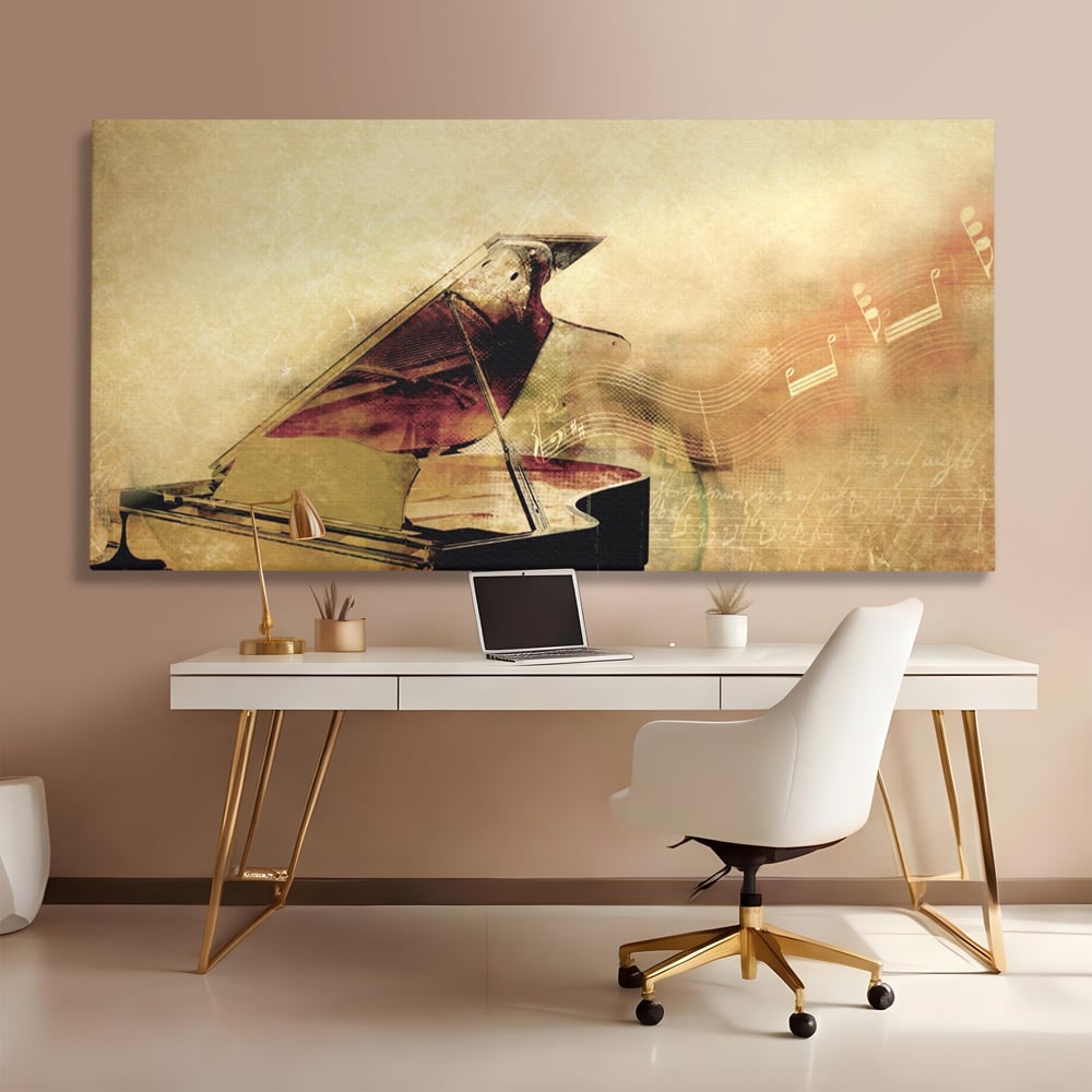 Tablou canvas cu tablou canvas cu pian vechi si note muzicale, fara rama, pe sasiu de lemn, pe perete intr-un birou