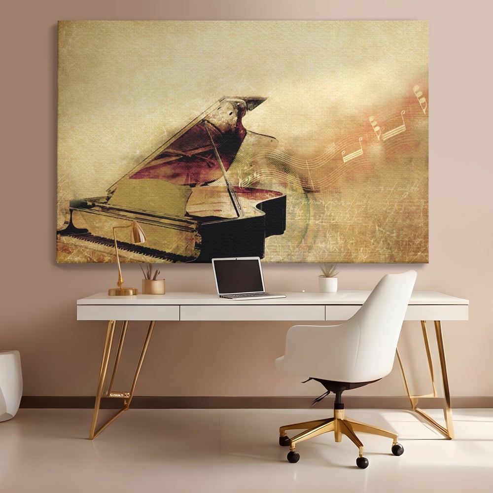 Tablou canvas cu tablou canvas cu pian vechi si note muzicale, fara rama, pe sasiu de lemn, pe perete intr-un birou