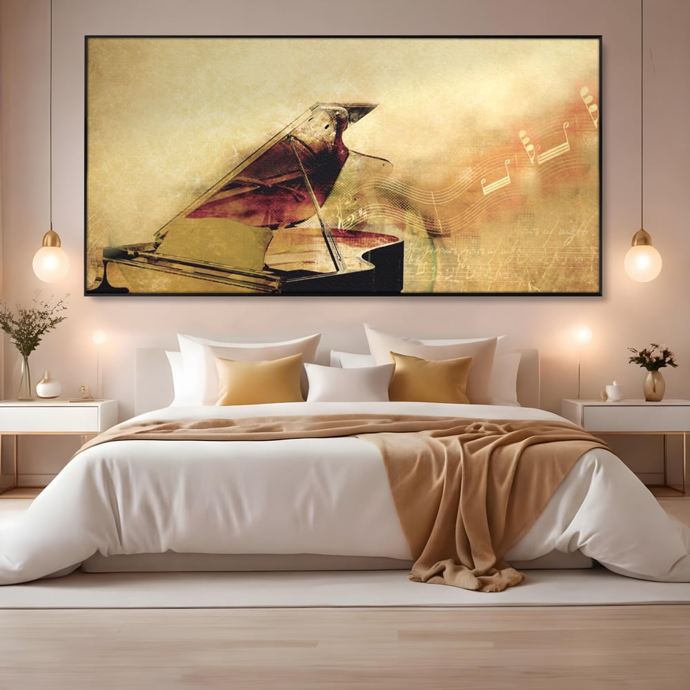 Tablou canvas cu tablou canvas cu pian vechi si note muzicale, in rama de aluminiu negru, pe perete intr-un dormitor