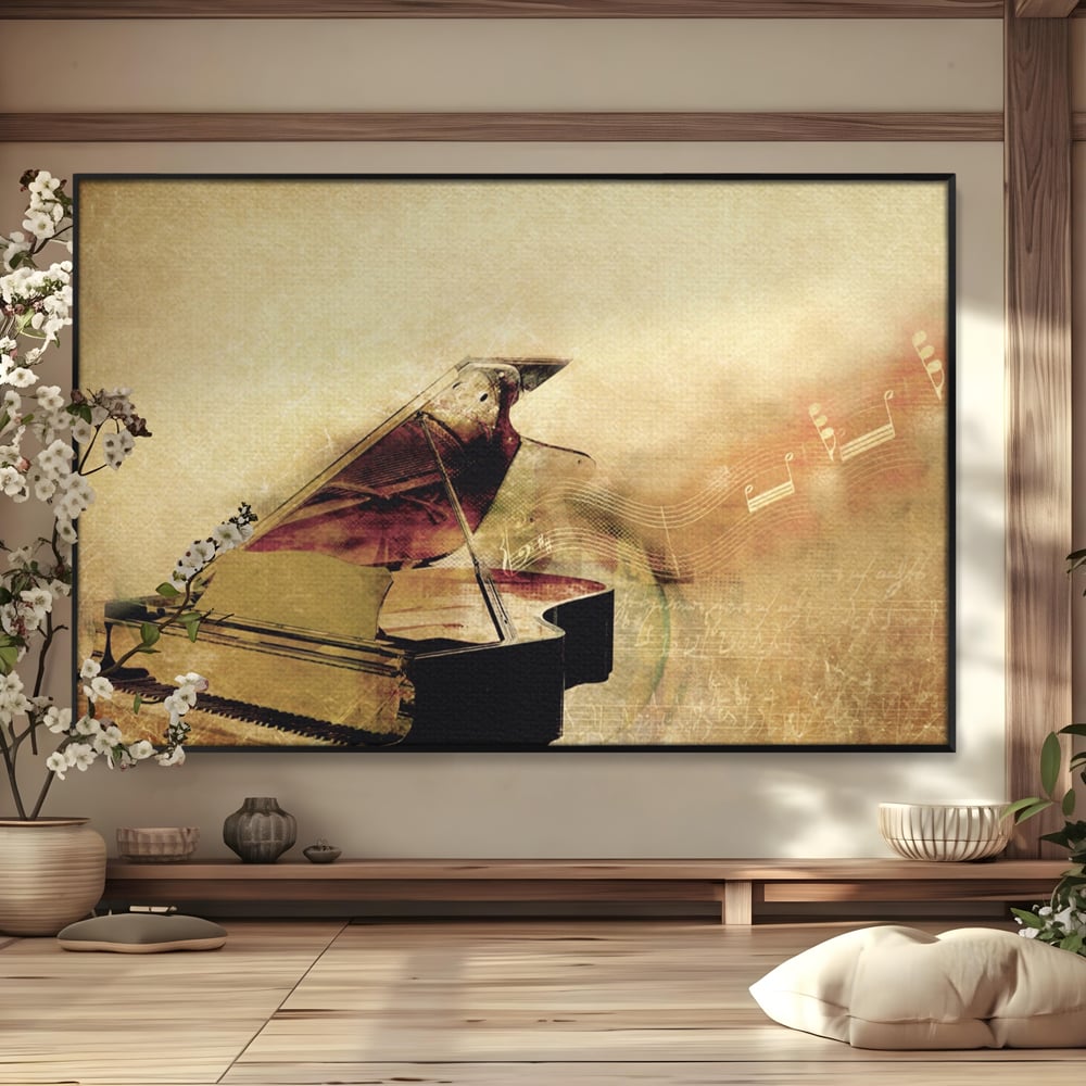 Tablou canvas cu tablou canvas cu pian vechi si note muzicale, in rama de aluminiu negru