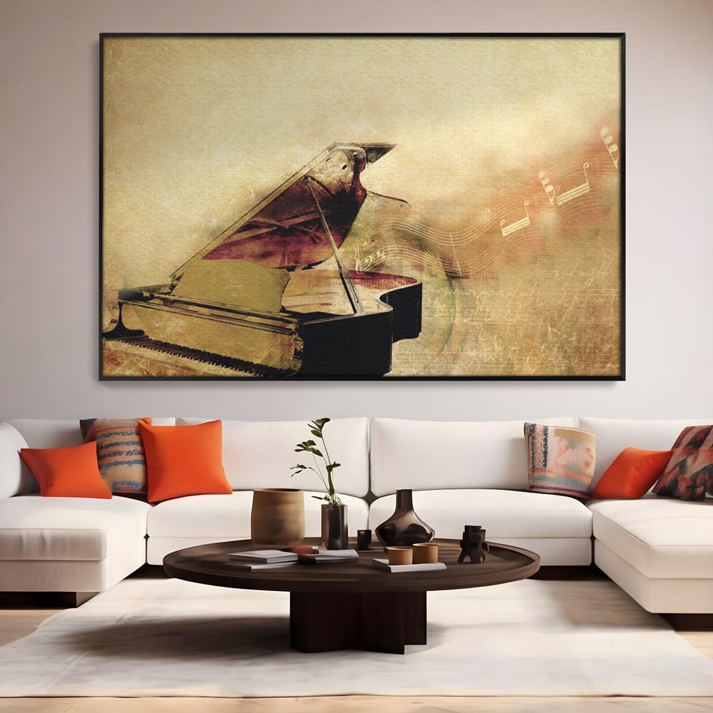 Tablou canvas cu tablou canvas cu pian vechi si note muzicale, in rama de aluminiu negru, pe perete intr-un living
