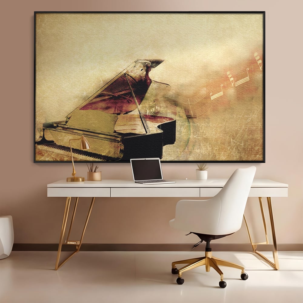 Tablou canvas cu tablou canvas cu pian vechi si note muzicale, in rama de aluminiu negru, pe perete intr-un birou