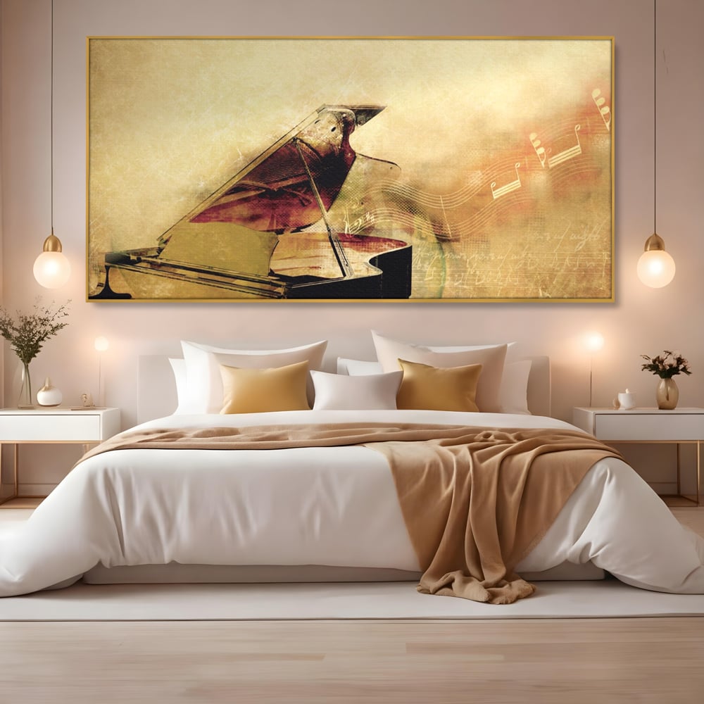 Tablou canvas cu tablou canvas cu pian vechi si note muzicale, in rama de aluminiu auriu, pe perete intr-un dormitor