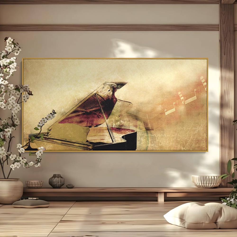 Tablou canvas cu tablou canvas cu pian vechi si note muzicale, in rama de aluminiu auriu