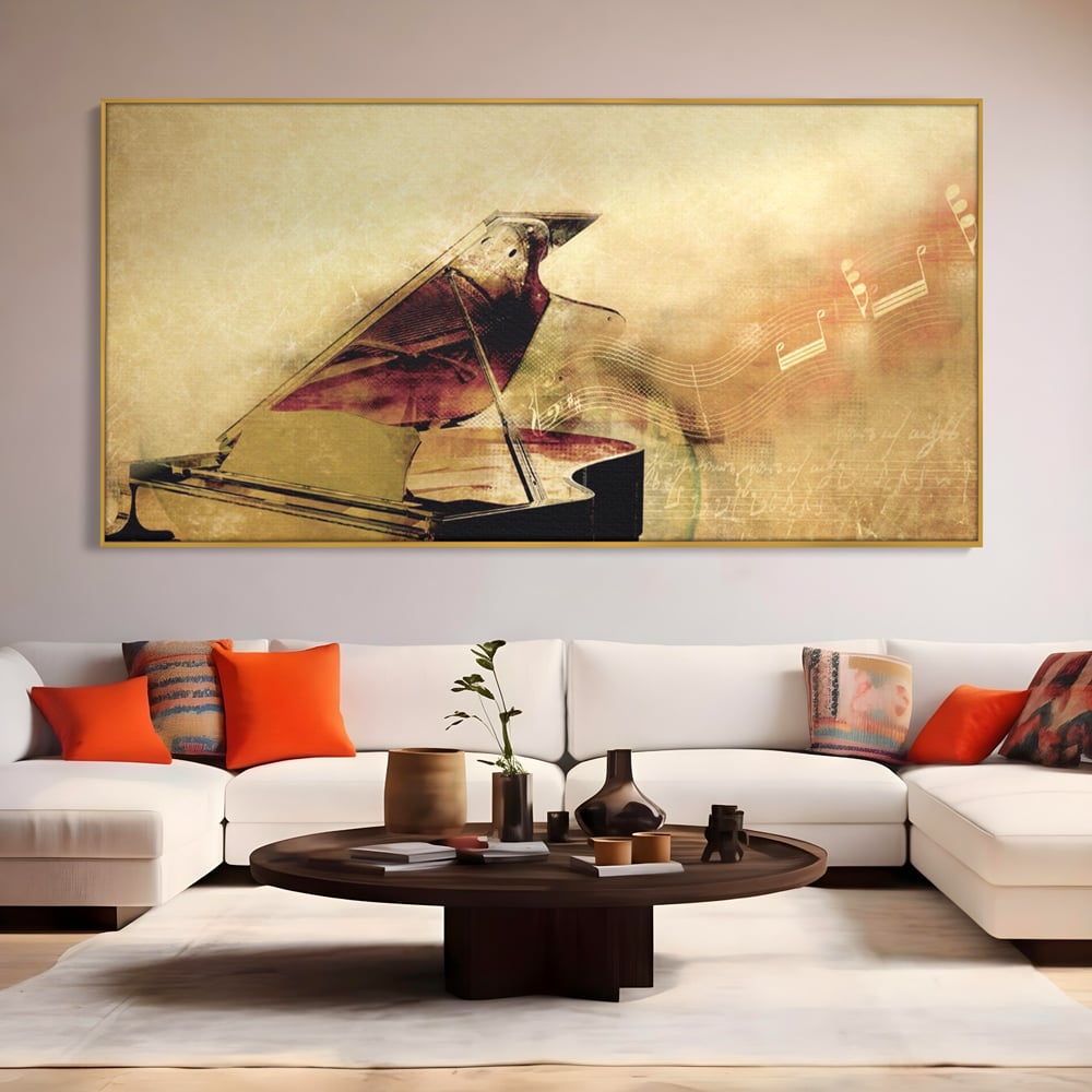 Tablou canvas cu tablou canvas cu pian vechi si note muzicale, in rama de aluminiu auriu, pe perete intr-un living