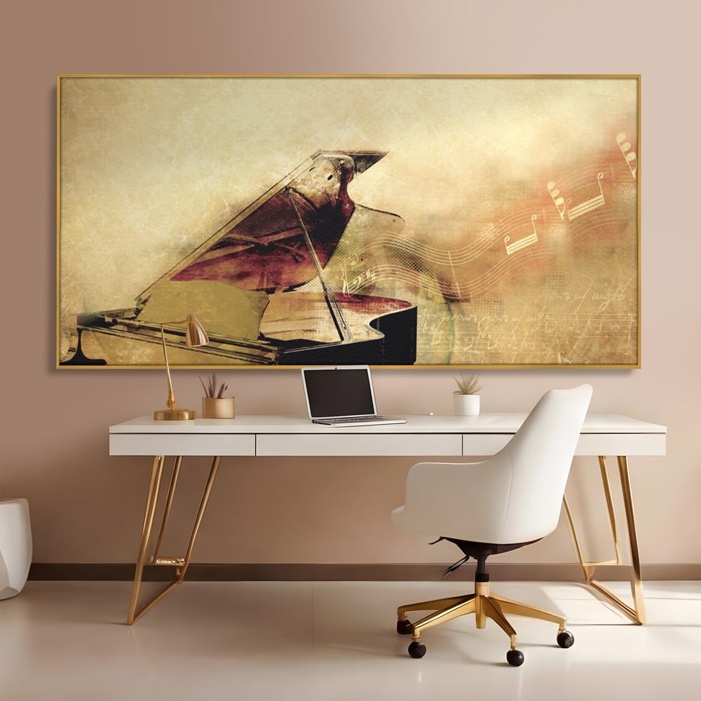 Tablou canvas cu tablou canvas cu pian vechi si note muzicale, in rama de aluminiu auriu, pe perete intr-un birou