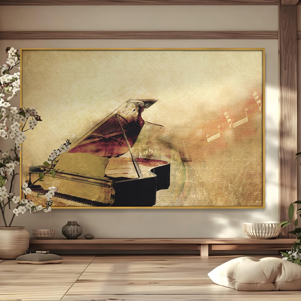 Tablou canvas cu tablou canvas cu pian vechi si note muzicale, in rama de aluminiu auriu