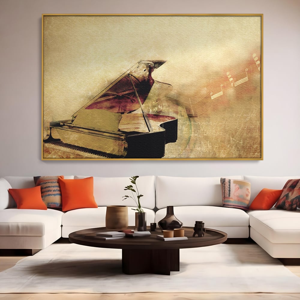 Tablou canvas cu tablou canvas cu pian vechi si note muzicale, in rama de aluminiu auriu, pe perete intr-un living