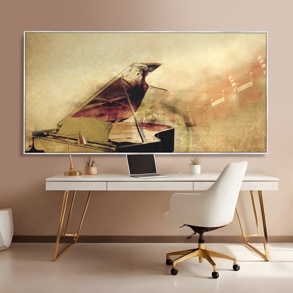 Tablou canvas cu tablou canvas cu pian vechi si note muzicale, in rama de aluminiu argintiu, pe perete intr-un birou