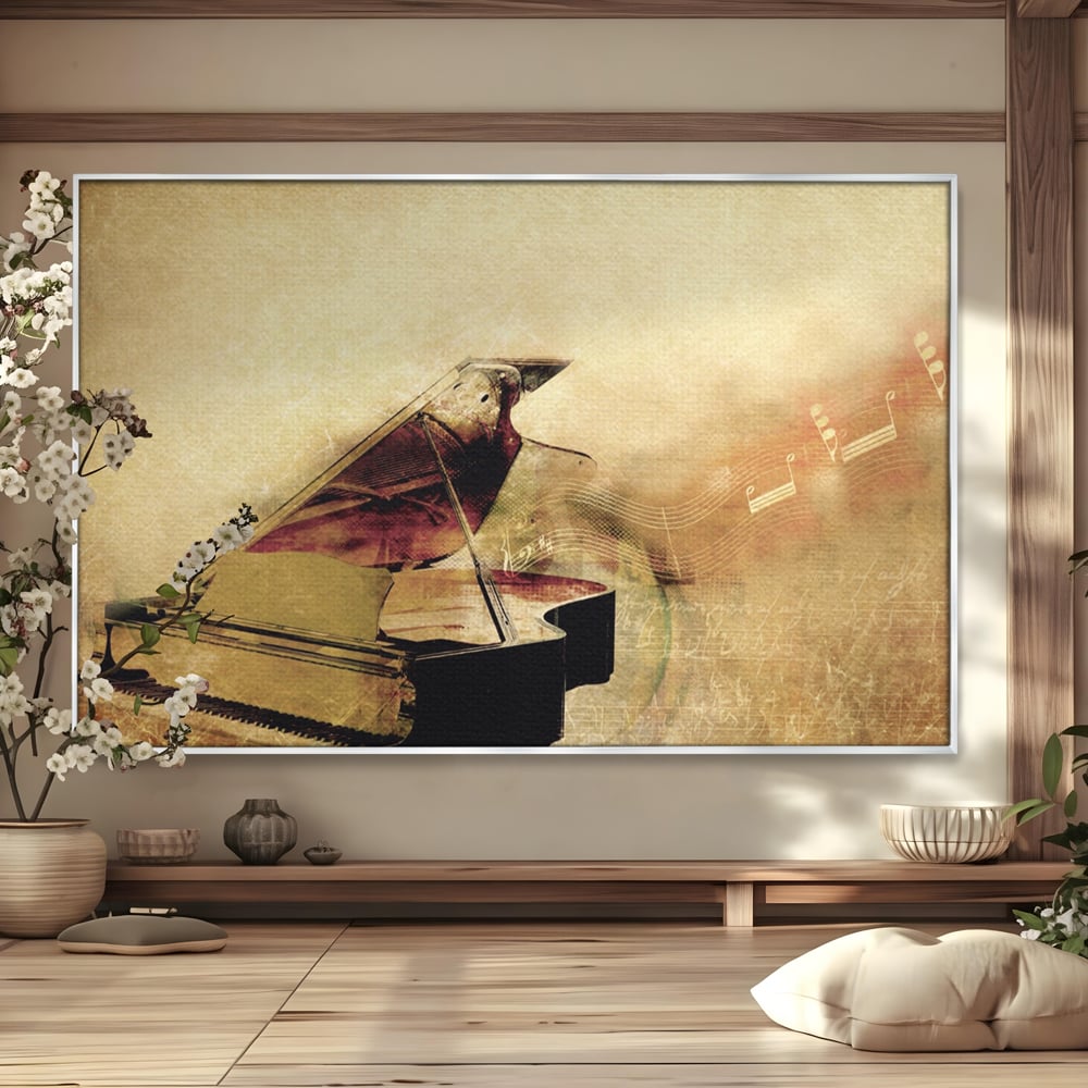 Tablou canvas cu tablou canvas cu pian vechi si note muzicale, in rama de aluminiu argintiu