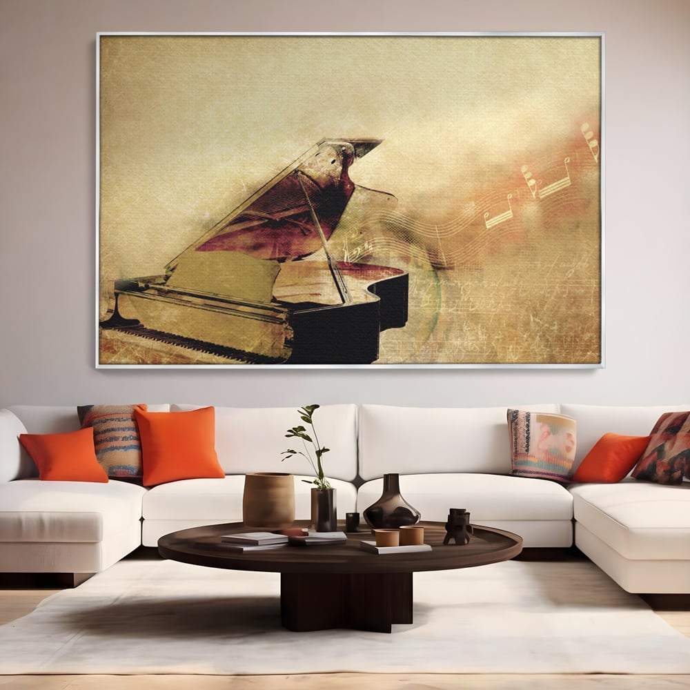 Tablou canvas cu tablou canvas cu pian vechi si note muzicale, in rama de aluminiu argintiu, pe perete intr-un living