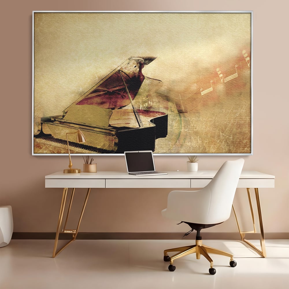 Tablou canvas cu tablou canvas cu pian vechi si note muzicale, in rama de aluminiu argintiu, pe perete intr-un birou