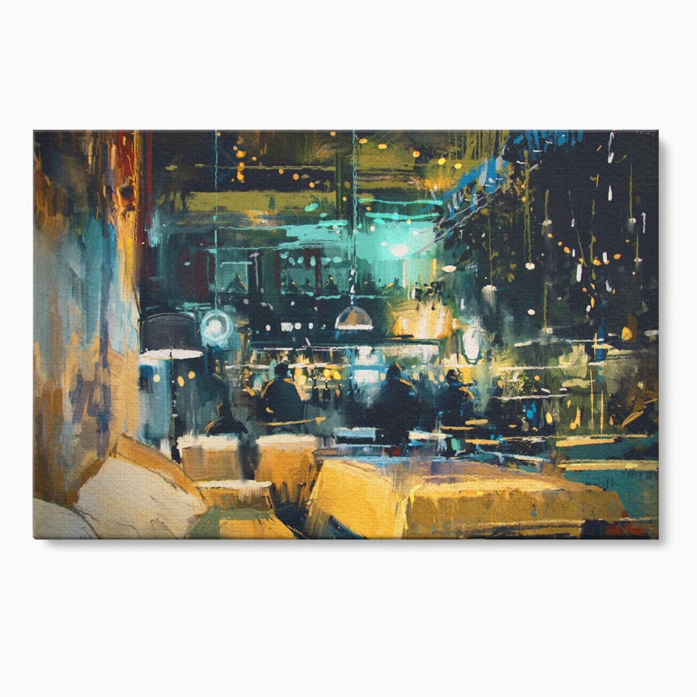 Tablou canvas cu pictura cu cafenea nocturna si lumini, fara rama, pe sasiu de lemn