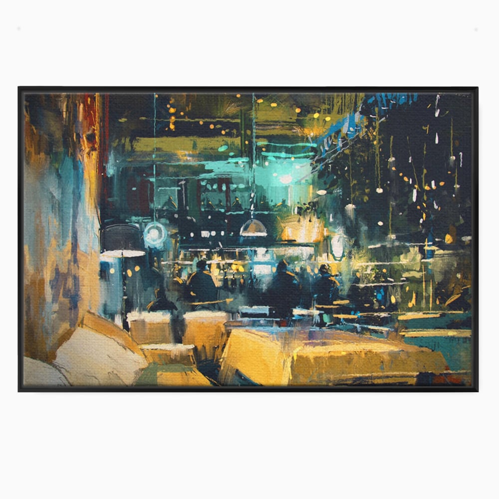 Tablou canvas cu pictura cu cafenea nocturna si lumini, in rama de aluminiu negru