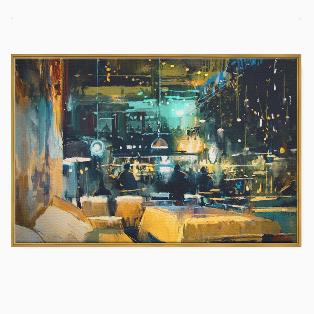 Tablou canvas cu pictura cu cafenea nocturna si lumini, in rama de aluminiu auriu