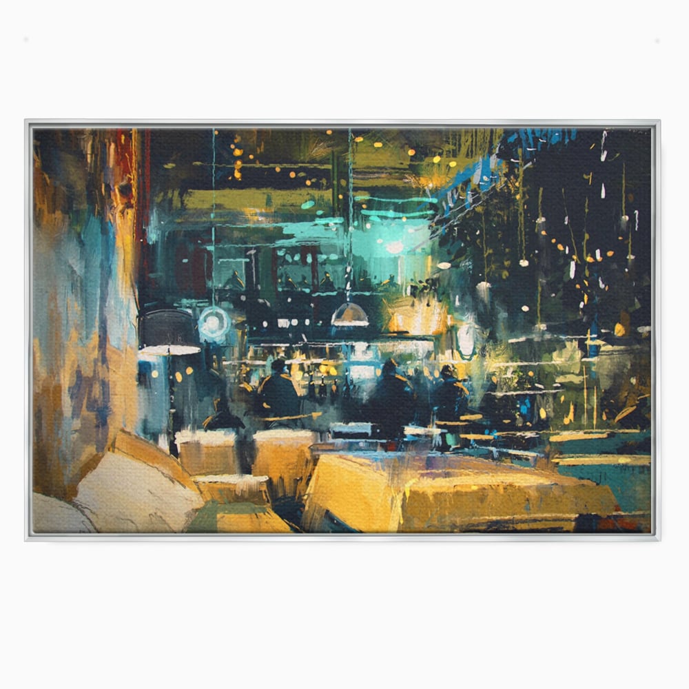 Tablou canvas cu pictura cu cafenea nocturna si lumini, in rama de aluminiu argintiu