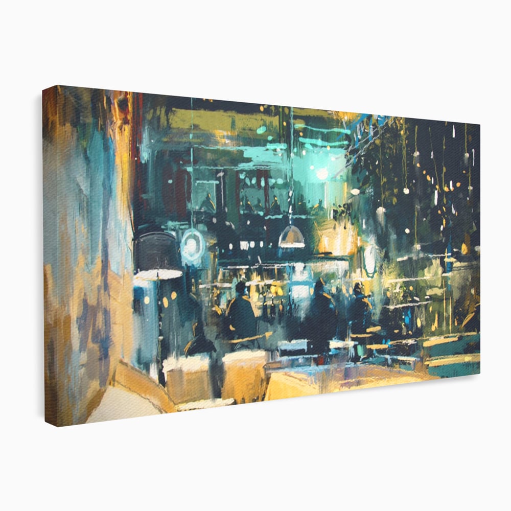 Tablou canvas cu pictura cu cafenea nocturna si lumini, fara rama, pe sasiu de lemn