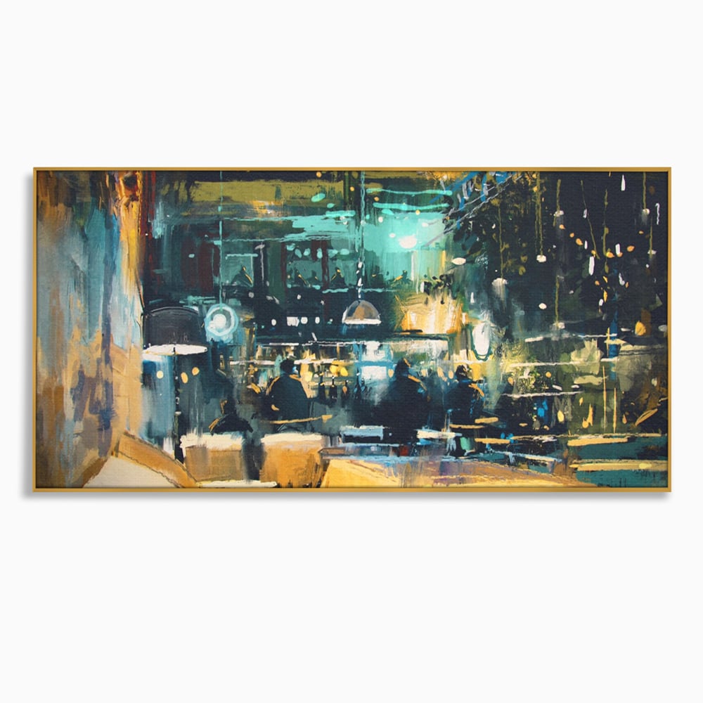 Tablou canvas cu pictura cu cafenea nocturna si lumini, in rama de aluminiu auriu
