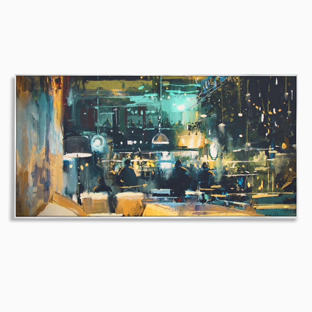 Tablou canvas cu pictura cu cafenea nocturna si lumini, in rama de aluminiu argintiu