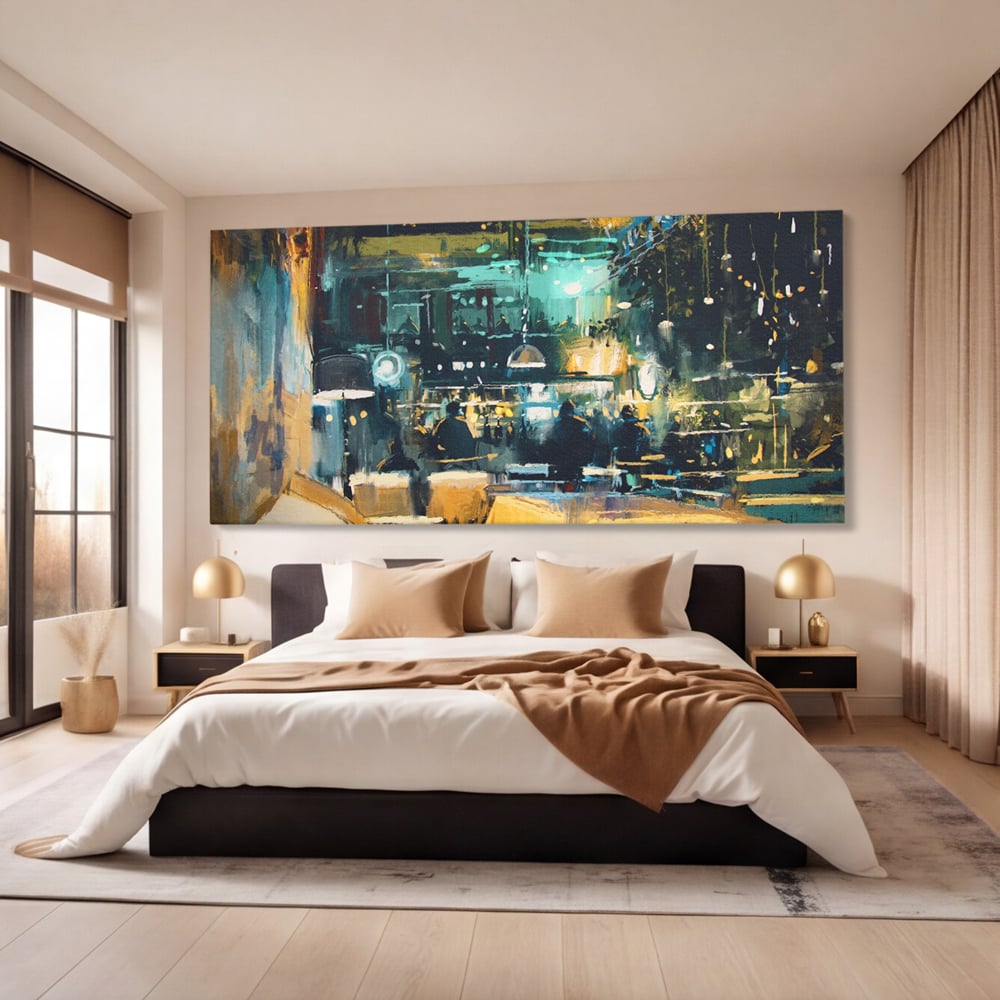 Tablou canvas cu pictura cu cafenea nocturna si lumini, fara rama, pe sasiu de lemn, pe perete intr-un dormitor