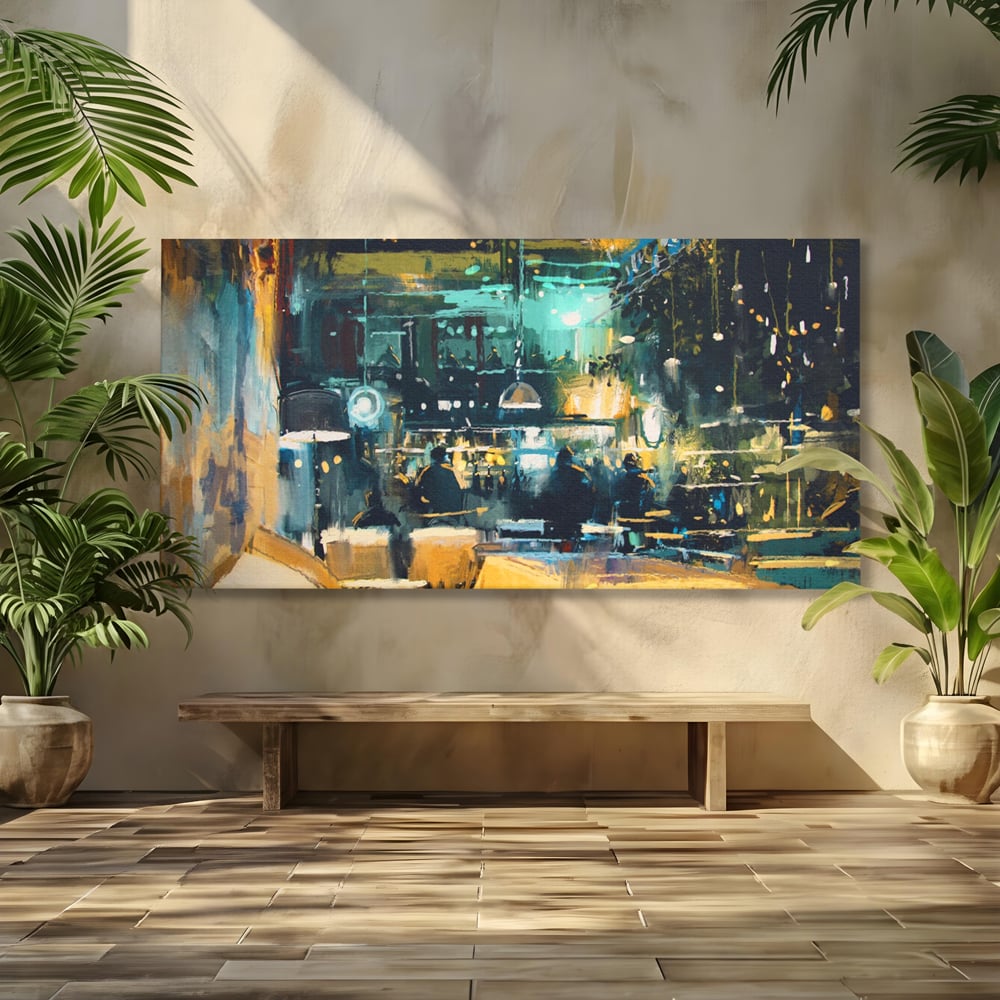 Tablou canvas cu pictura cu cafenea nocturna si lumini, fara rama, pe sasiu de lemn