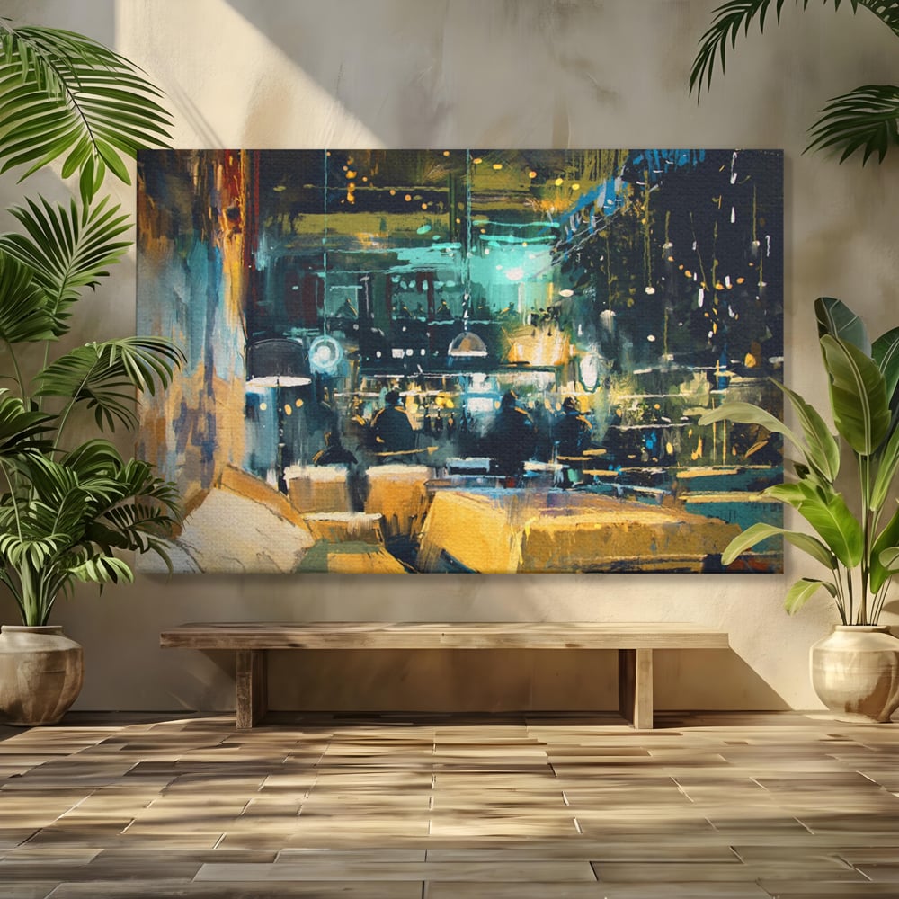 Tablou canvas cu pictura cu cafenea nocturna si lumini, fara rama, pe sasiu de lemn