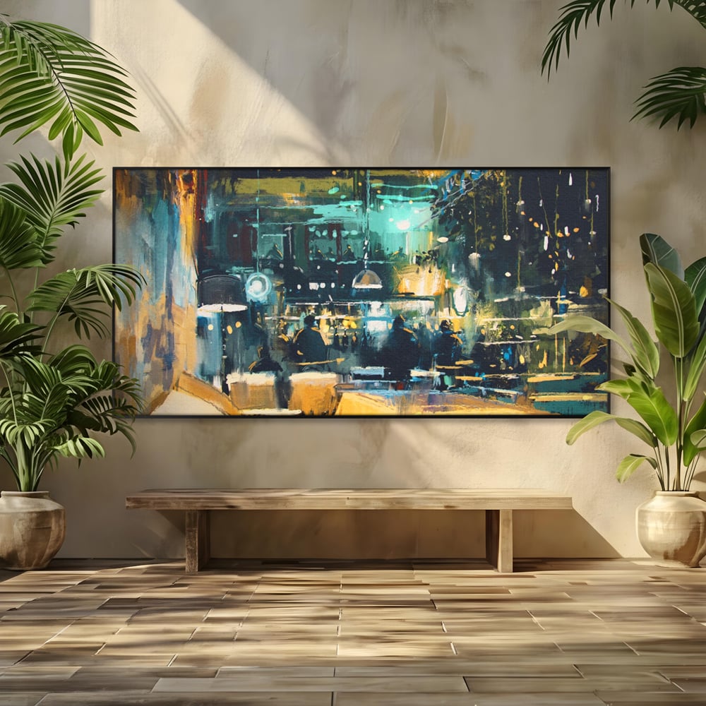 Tablou canvas cu pictura cu cafenea nocturna si lumini, in rama de aluminiu negru