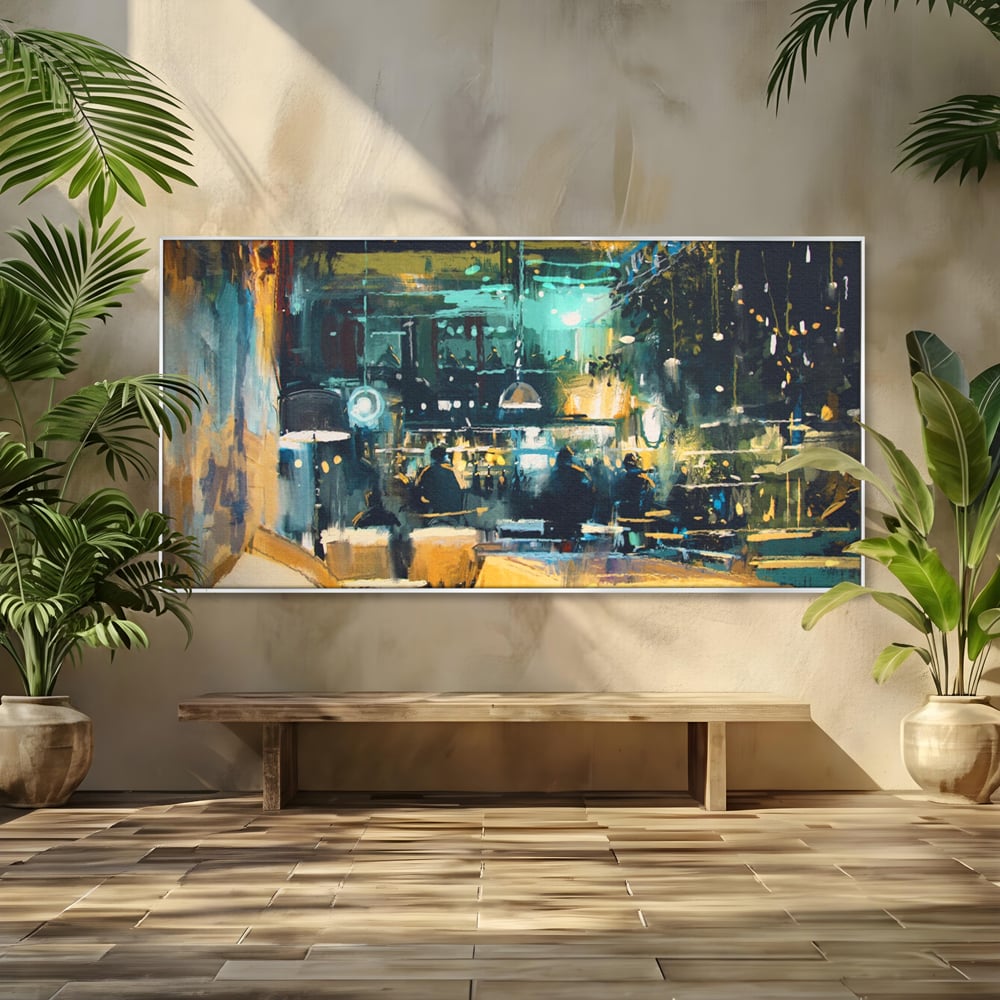 Tablou canvas cu pictura cu cafenea nocturna si lumini, in rama de aluminiu argintiu
