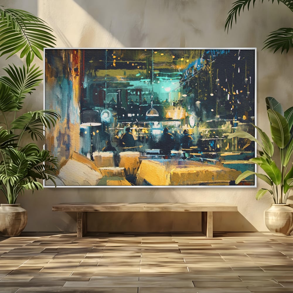 Tablou canvas cu pictura cu cafenea nocturna si lumini, in rama de aluminiu argintiu