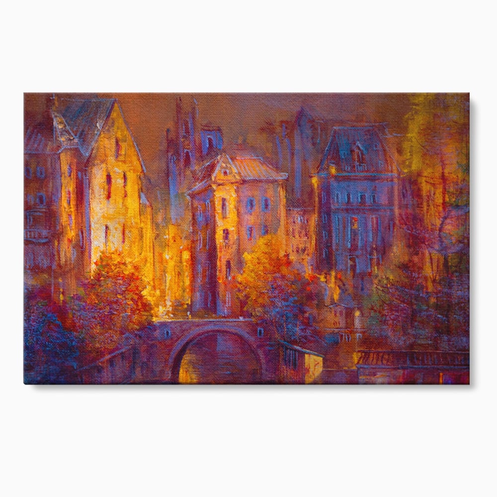 Tablou canvas cu pictura cu oras vechi pe timp de noapte, fara rama, pe sasiu de lemn