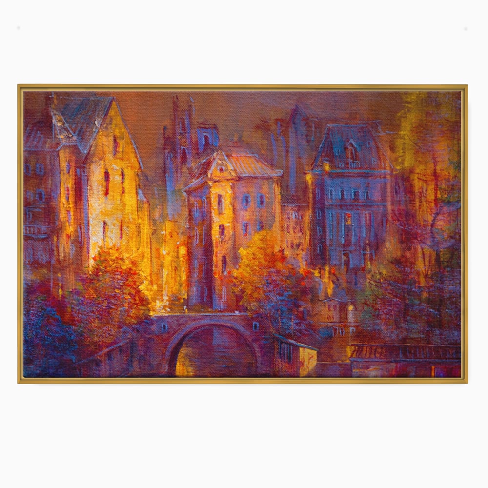 Tablou canvas cu pictura cu oras vechi pe timp de noapte, in rama de aluminiu auriu