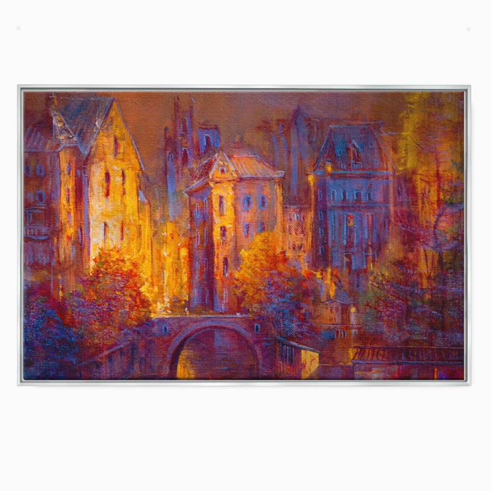 Tablou canvas cu pictura cu oras vechi pe timp de noapte, in rama de aluminiu argintiu