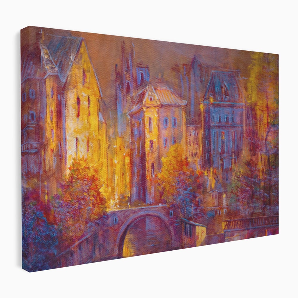 Tablou canvas cu pictura cu oras vechi pe timp de noapte, fara rama, pe sasiu de lemn