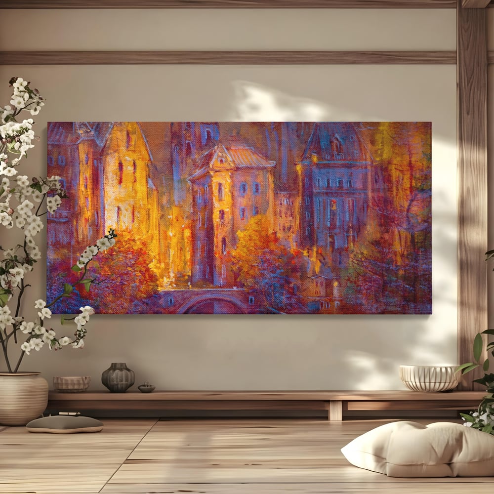 Tablou canvas cu pictura cu oras vechi pe timp de noapte, fara rama, pe sasiu de lemn