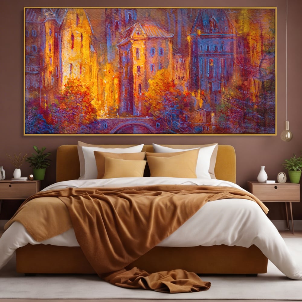 Tablou canvas cu pictura cu oras vechi pe timp de noapte, in rama de aluminiu auriu, pe perete intr-un dormitor