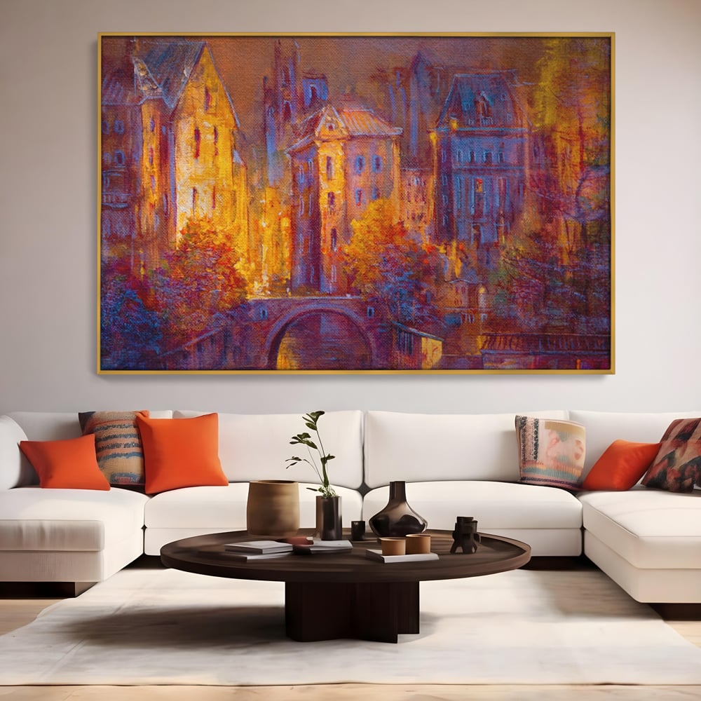 Tablou canvas cu pictura cu oras vechi pe timp de noapte, in rama de aluminiu auriu, pe perete intr-un living