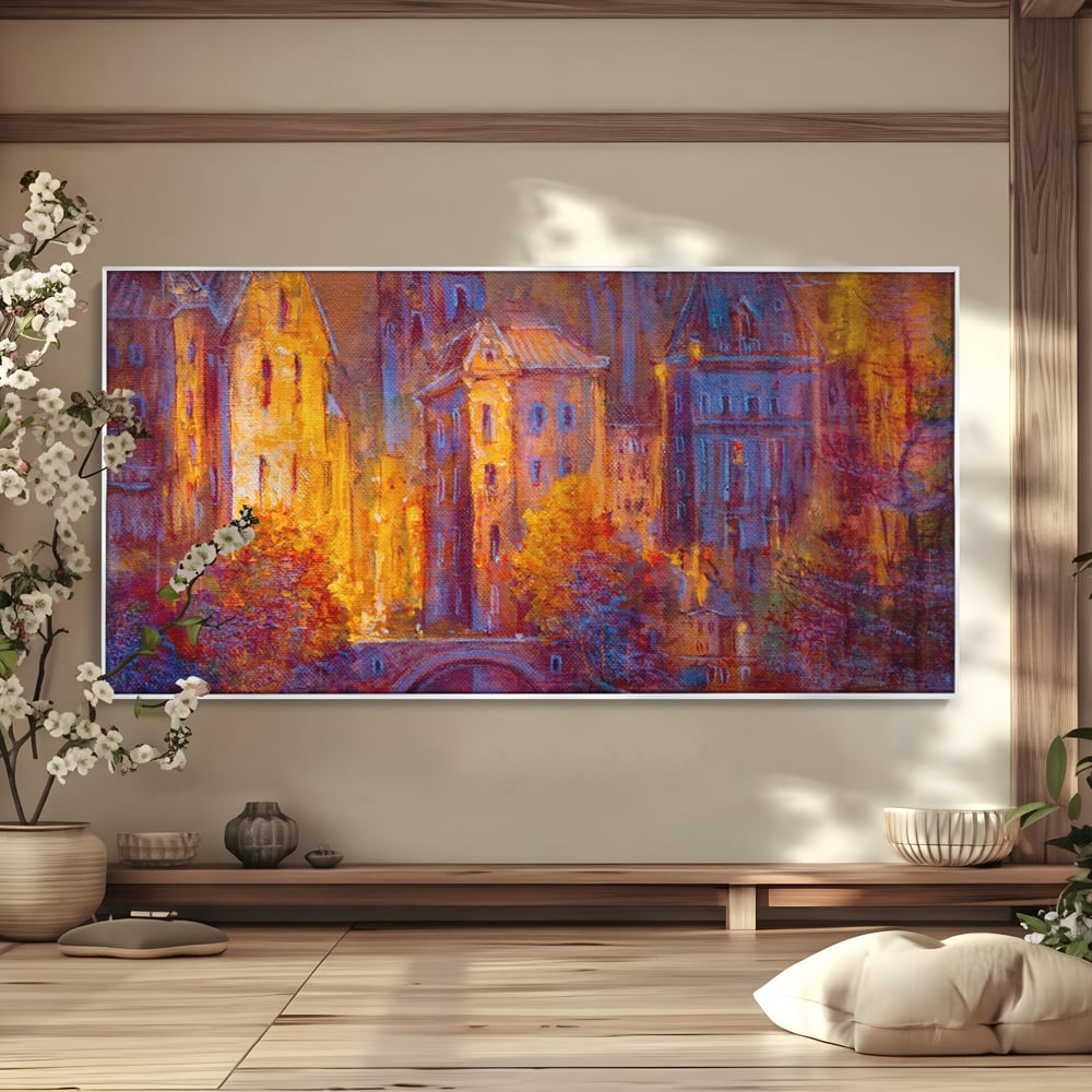 Tablou canvas cu pictura cu oras vechi pe timp de noapte, in rama de aluminiu argintiu
