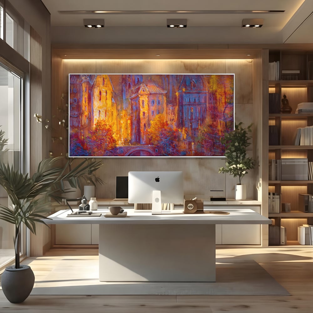 Tablou canvas cu pictura cu oras vechi pe timp de noapte, in rama de aluminiu argintiu, pe perete intr-un birou