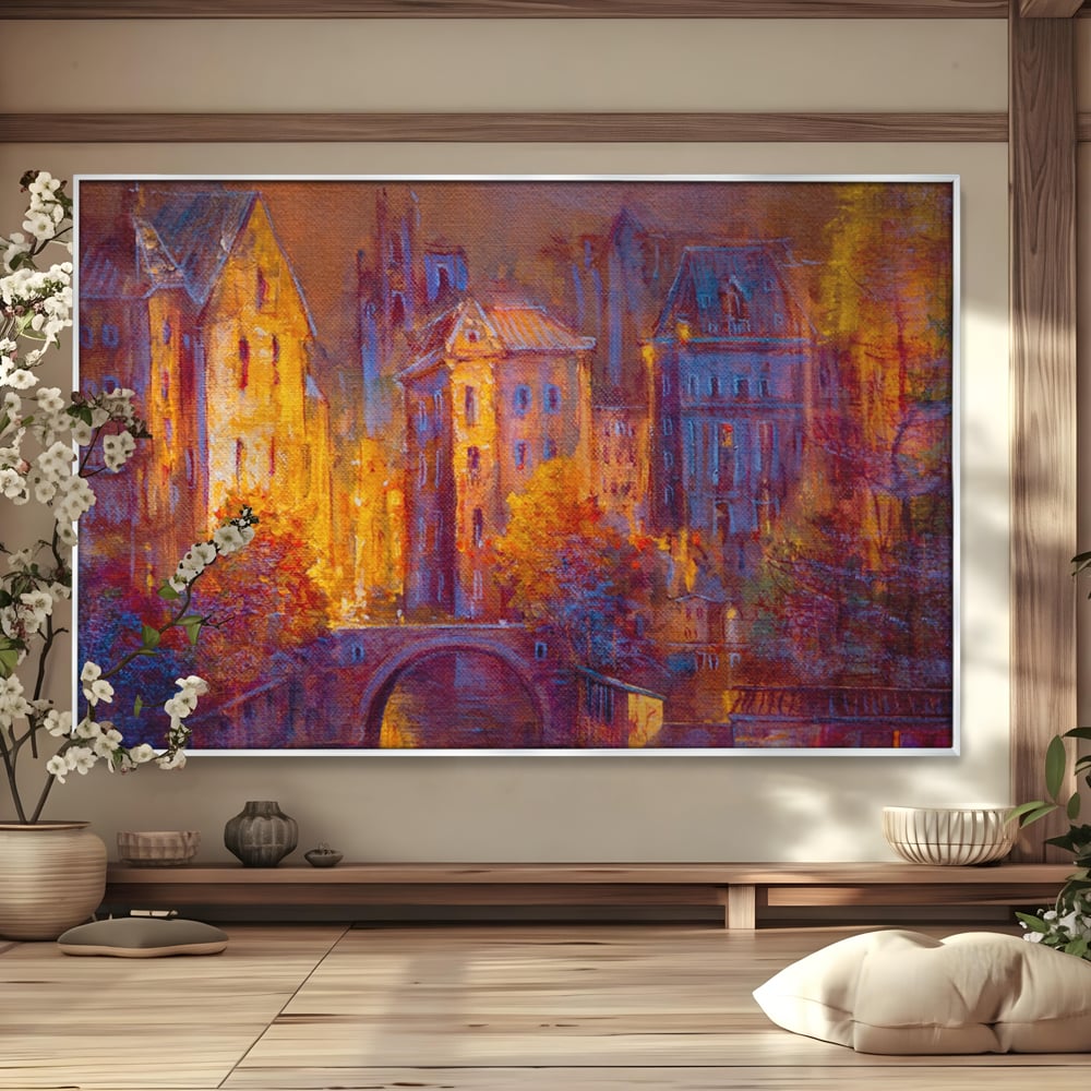 Tablou canvas cu pictura cu oras vechi pe timp de noapte, in rama de aluminiu argintiu