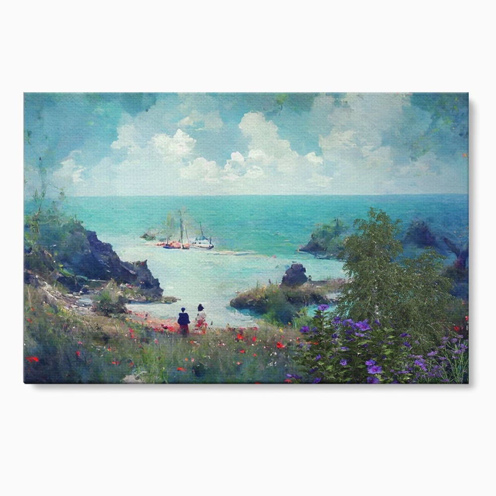 Tablou canvas cu pictura peisaj marin cu oameni si flori, fara rama, pe sasiu de lemn