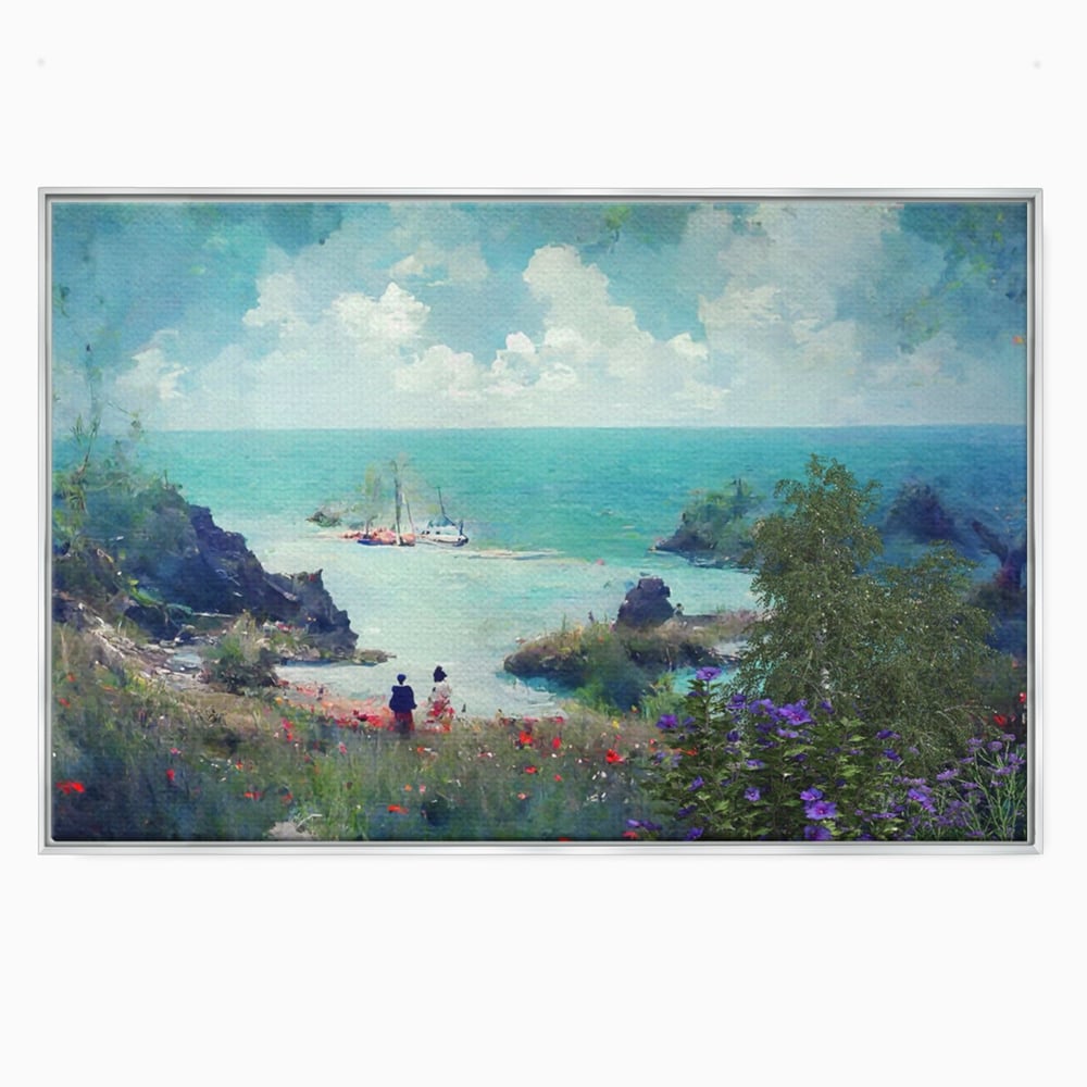 Tablou canvas cu pictura peisaj marin cu oameni si flori, in rama de aluminiu argintiu