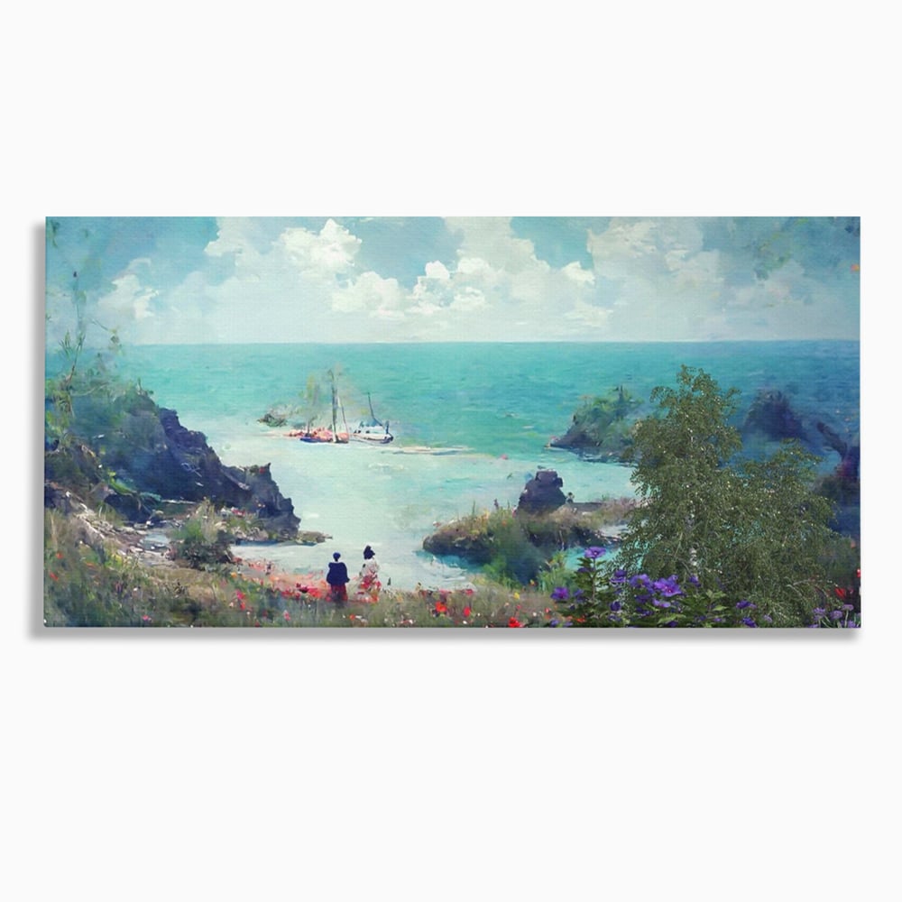 Tablou canvas cu pictura peisaj marin cu oameni si flori, fara rama, pe sasiu de lemn