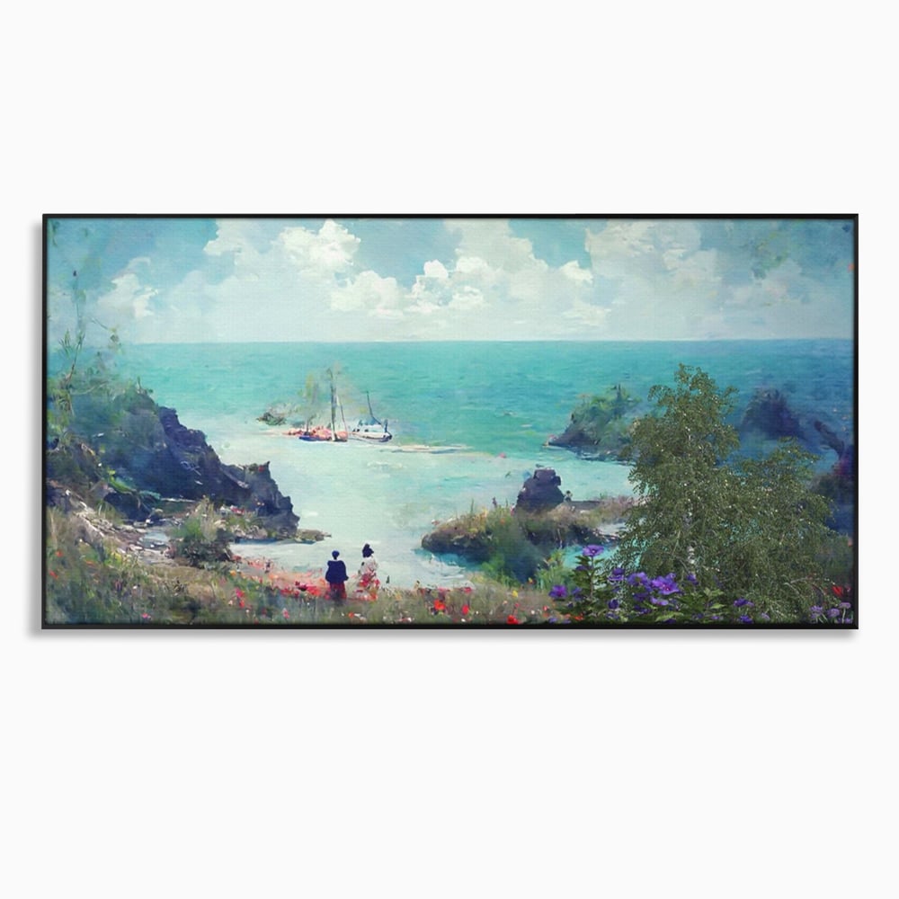 Tablou canvas cu pictura peisaj marin cu oameni si flori, in rama de aluminiu negru