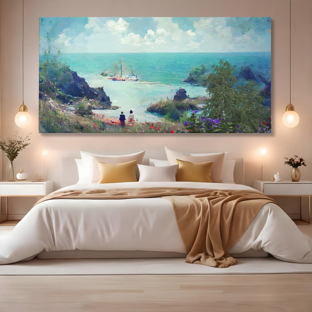 Tablou canvas cu pictura peisaj marin cu oameni si flori, fara rama, pe sasiu de lemn, pe perete intr-un dormitor