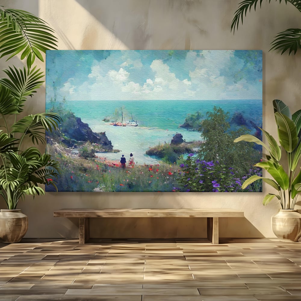 Tablou canvas cu pictura peisaj marin cu oameni si flori, fara rama, pe sasiu de lemn