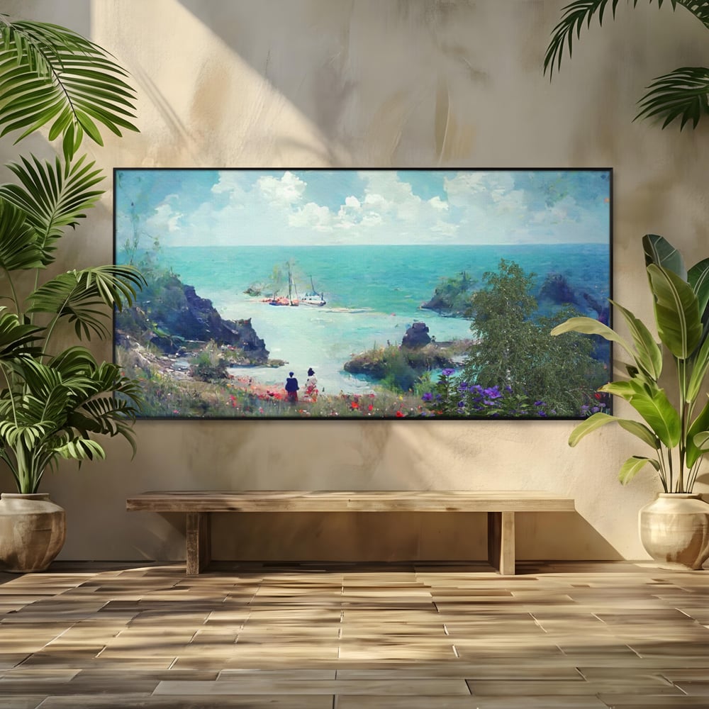 Tablou canvas cu pictura peisaj marin cu oameni si flori, in rama de aluminiu negru