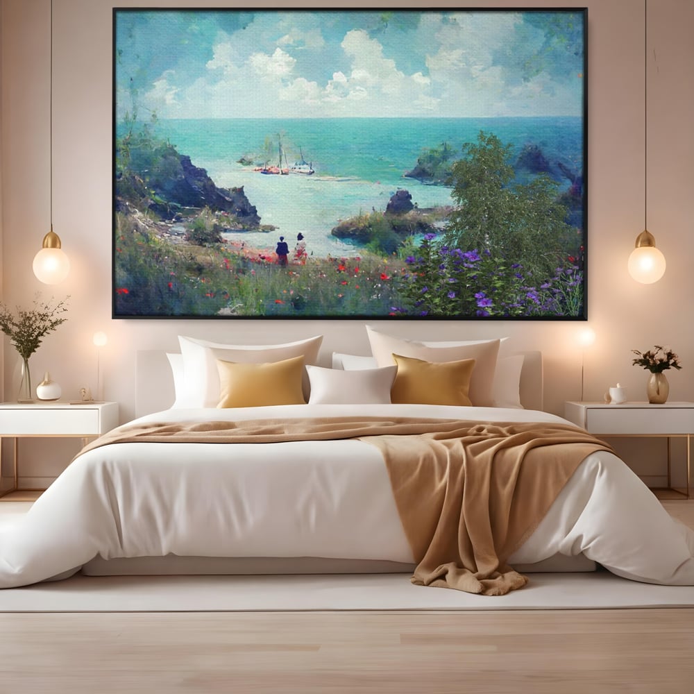 Tablou canvas cu pictura peisaj marin cu oameni si flori, in rama de aluminiu negru, pe perete intr-un dormitor