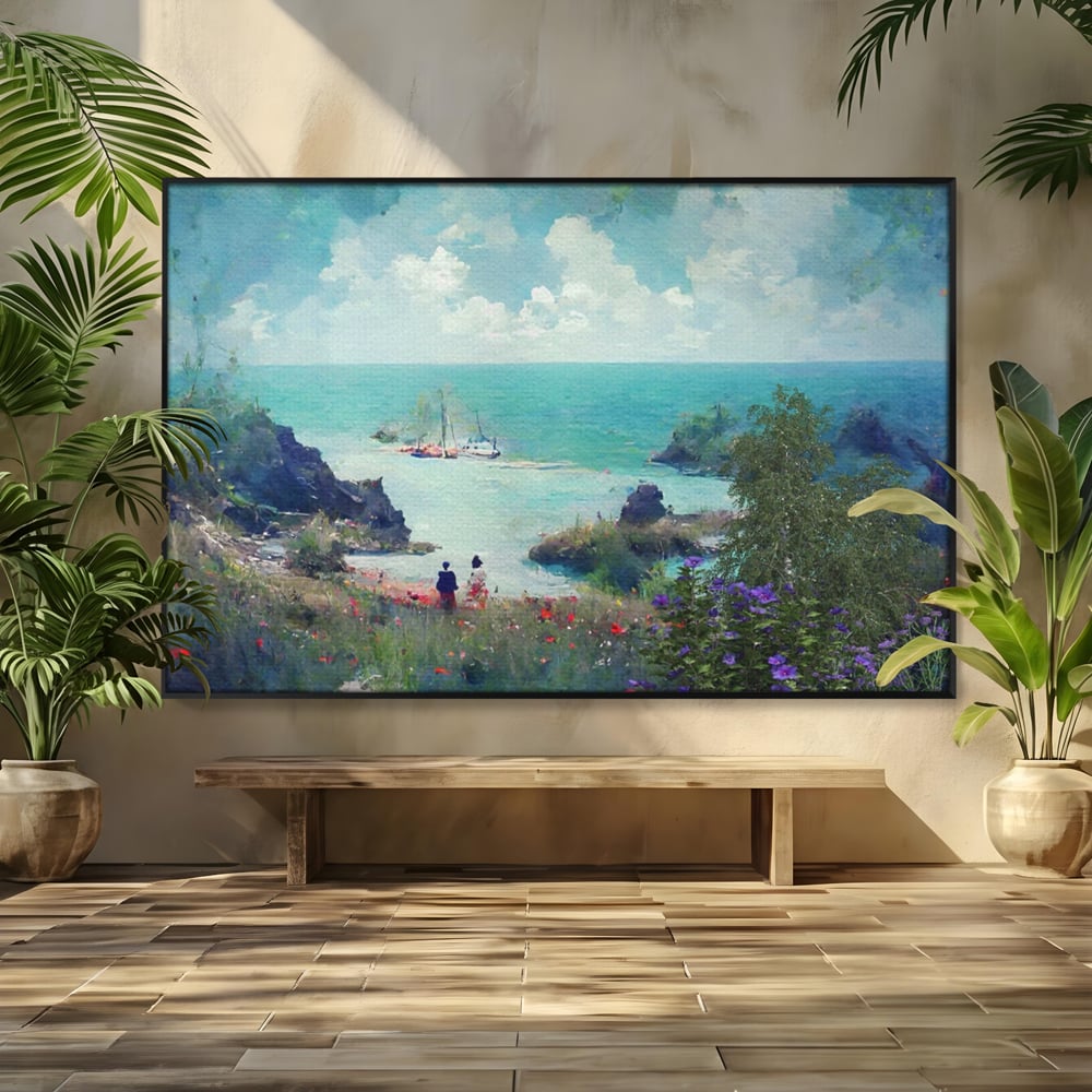 Tablou canvas cu pictura peisaj marin cu oameni si flori, in rama de aluminiu negru