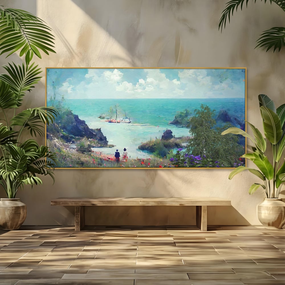 Tablou canvas cu pictura peisaj marin cu oameni si flori, in rama de aluminiu auriu