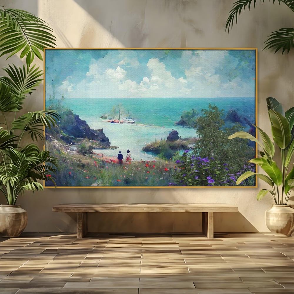 Tablou canvas cu pictura peisaj marin cu oameni si flori, in rama de aluminiu auriu